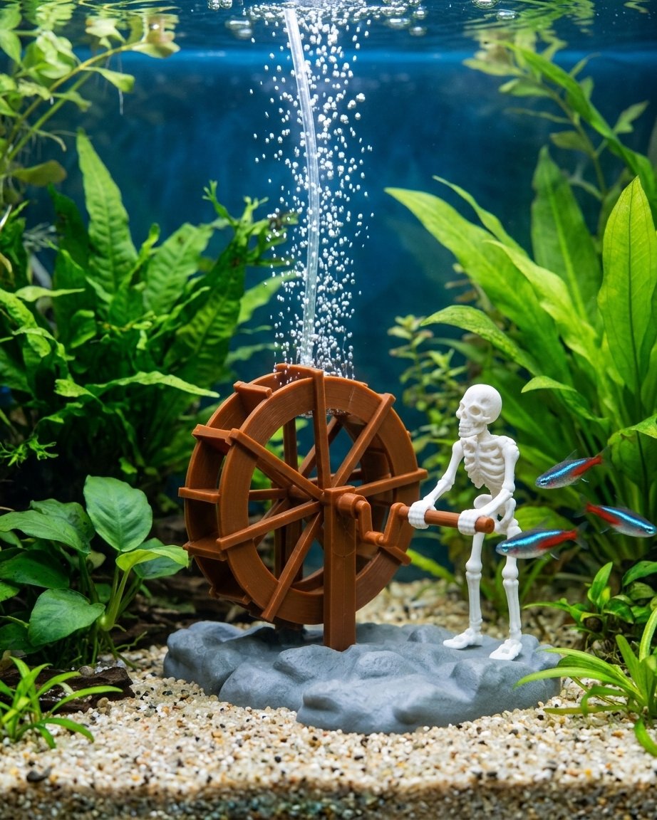 Skeleton Waterwheel Aquarium Decoration with Built-In Air Bubbler