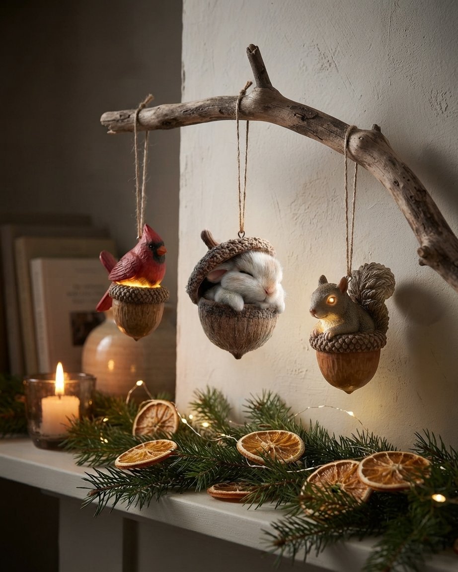 Sleeping Woodland Animal Acorn Ornament with LED Lights
