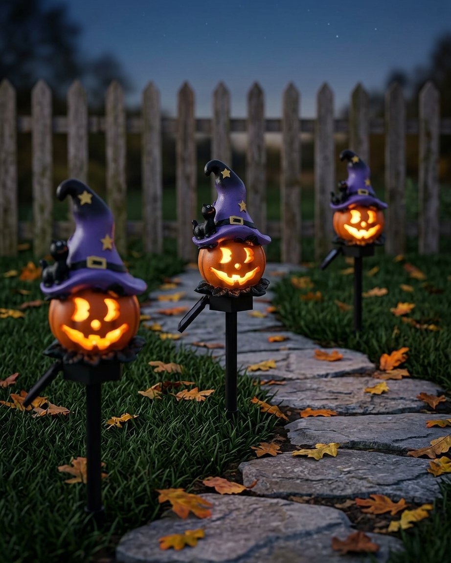 Solar-Powered Halloween Garden Stake Lights – Resin Pumpkin and Ghost Lanterns for Outdoor Use