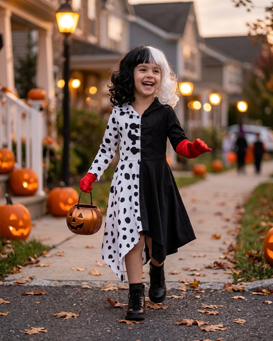 Split-Design Villain Character Costume Dress with Dalmatian Spot Print and Attached Hood