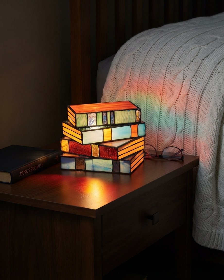 Stained Glass Book Stack Table Lamp, Handcrafted