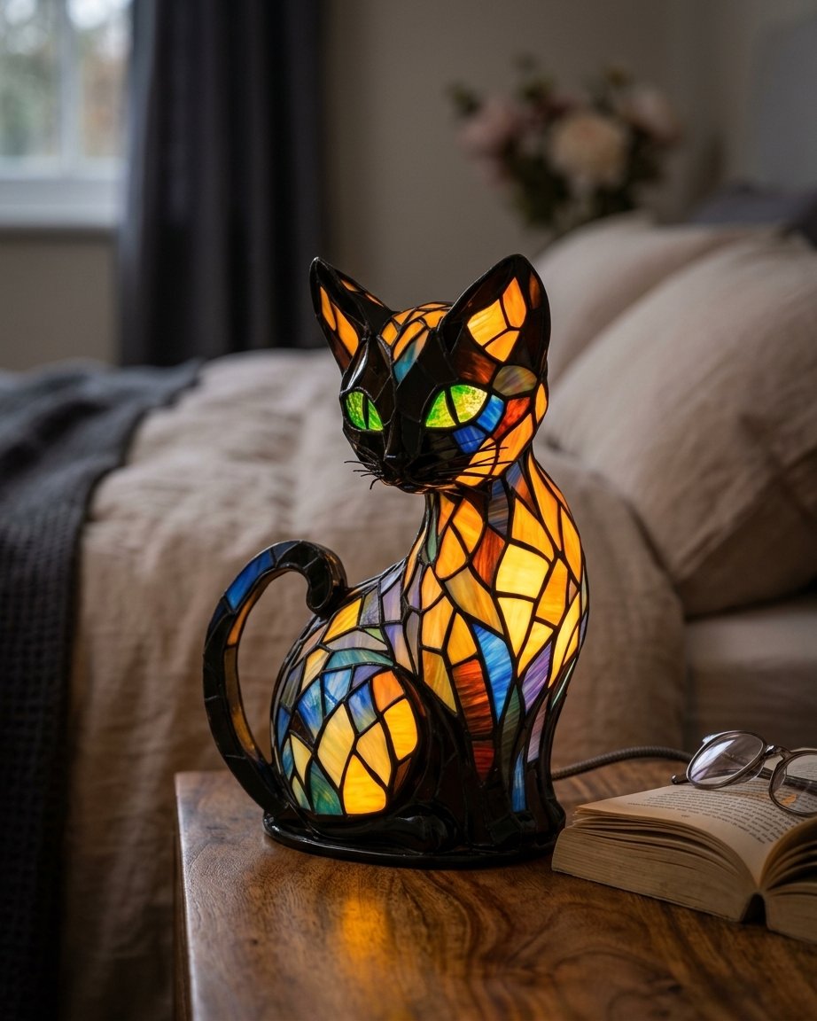 Stained Glass Cat Table Lamp, Mosaic Resin Sculpture