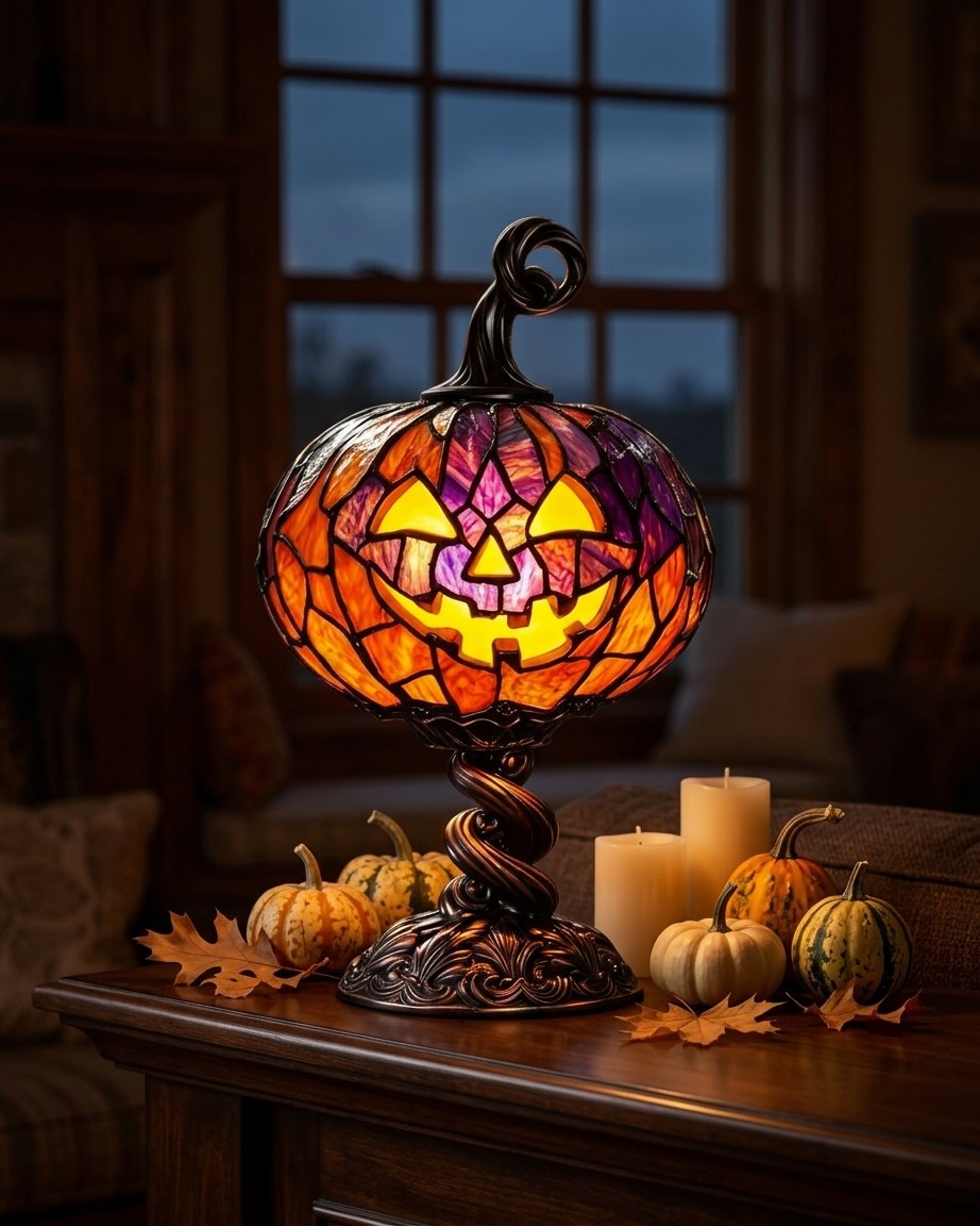 Stained Glass Style Pumpkin Table Lamp with Warm LED – USB Powered Jack-o'-Lantern Decorative Light