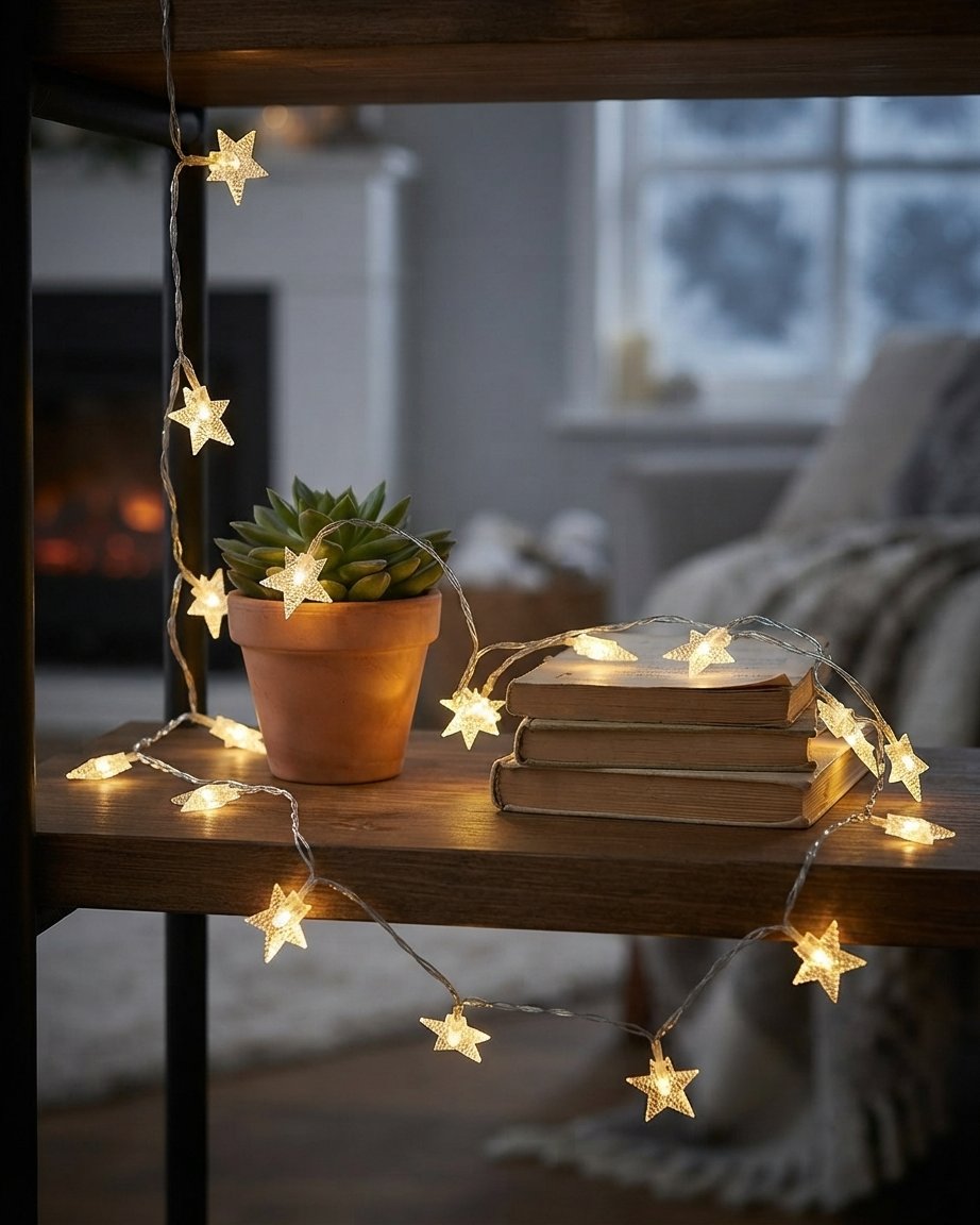 Star LED String Lights with Timer, Warm White, 6 Stars