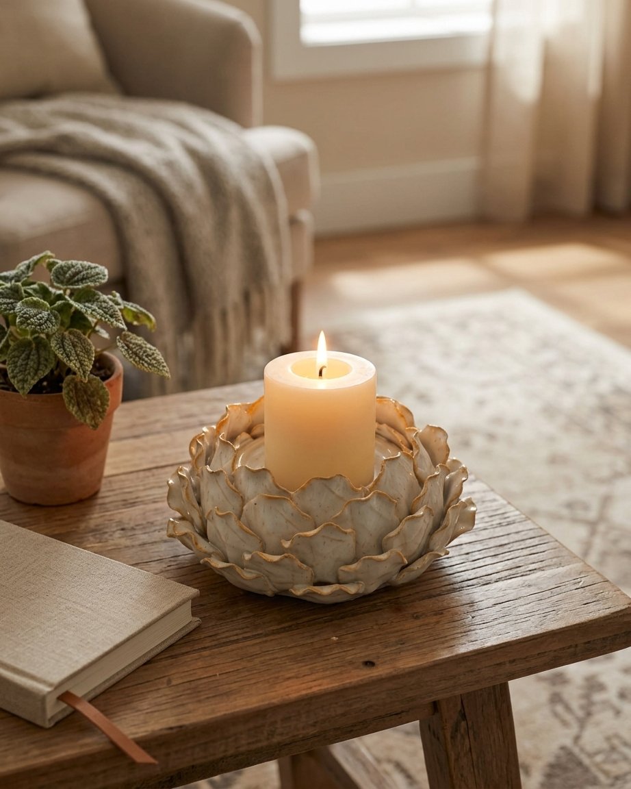 Stoneware Blossom Pillar Candle Holder, Cream
