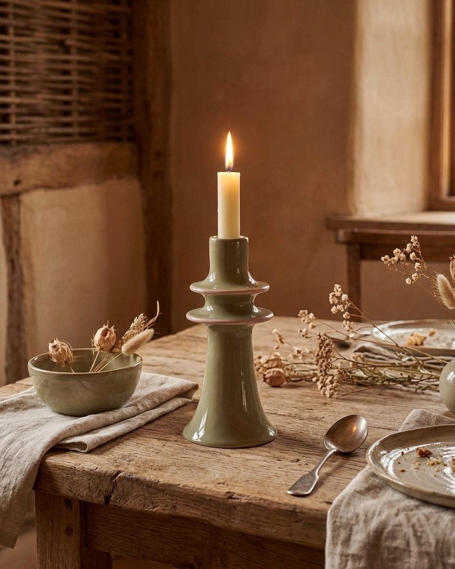 Stoneware Candlestick Holder in Sage Green
