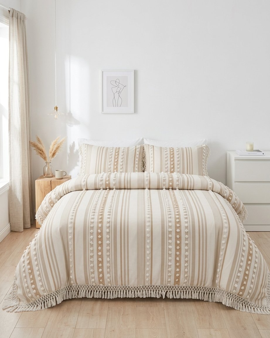 Striped Cotton Duvet Set with Tassel Detail