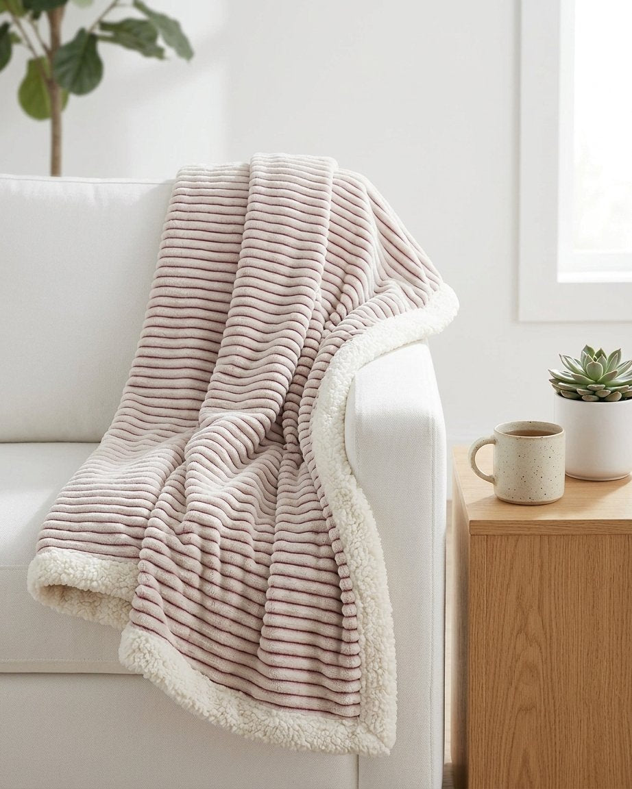 Striped Sherpa Throw Blanket, Soft Double-Sided Fleece