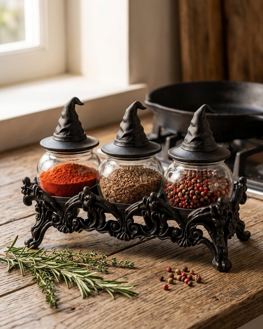 Three-Jar Spice Set with Witch-Hat Lids and Ornate Countertop Rack