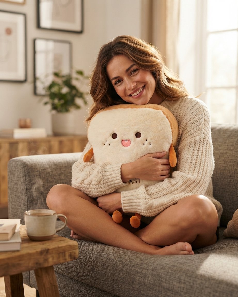 Toast Slice Plush Cushion with Embroidered Face, 14 in