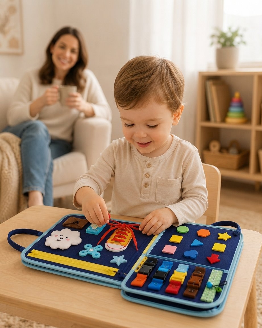 Toddler Busy Board with Shapes, Zips and Lacing Activity