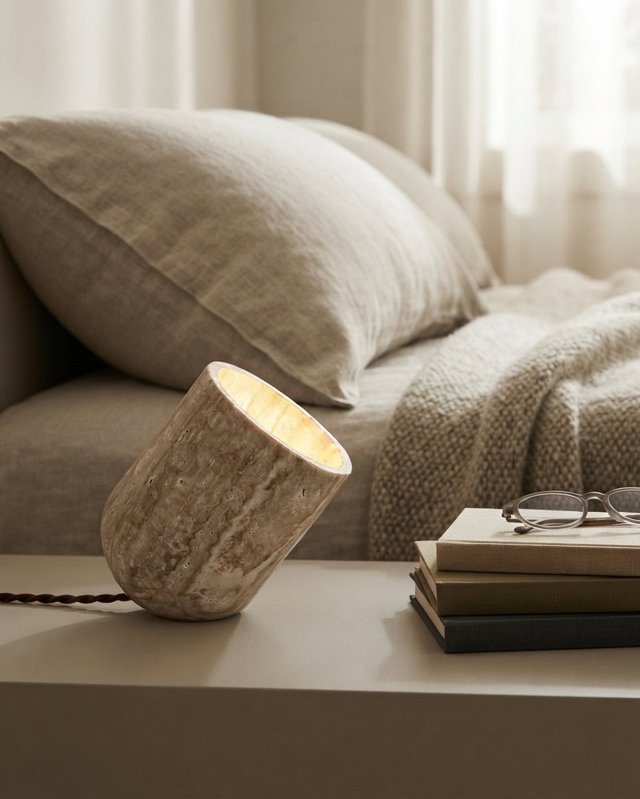 Travertine Stone Table Lamp with Tilted Shade