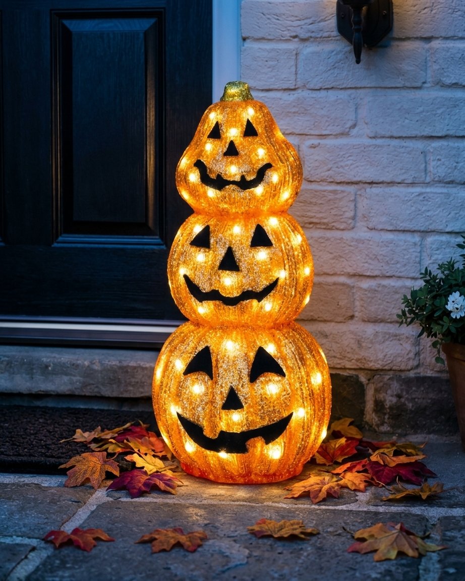 Triple Stacked Jack-o'-Lantern Acrylic LED Halloween Decoration with Timer, 61 cm