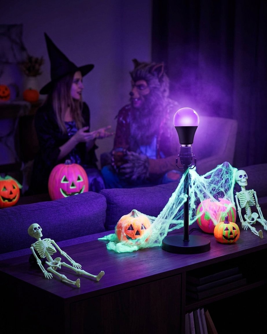 UV Black Light LED Bulb with E27 Socket for Halloween and Party Decoration, 12 W – Purple Glow, Matte Black or White Collar