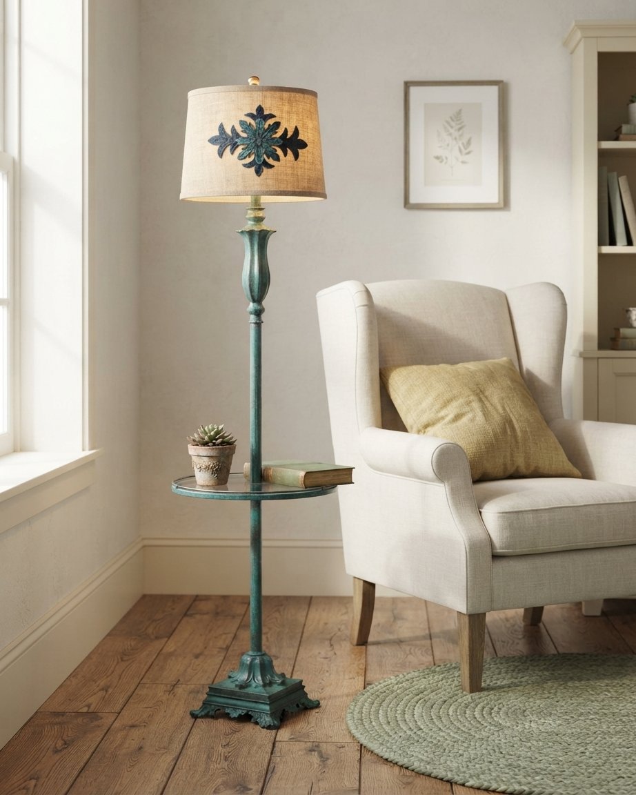 Vintage Floor Lamp with Glass Shelf, Green Resin & Metal