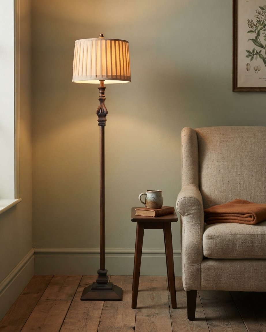 Vintage Floor Lamp with Pleated Fabric Shade, Brown