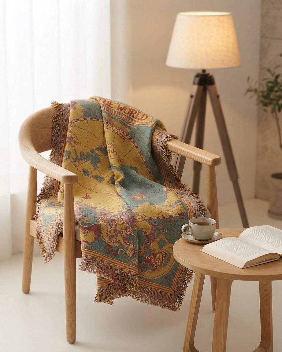 Vintage World Map Cotton Throw Blanket with Fringe