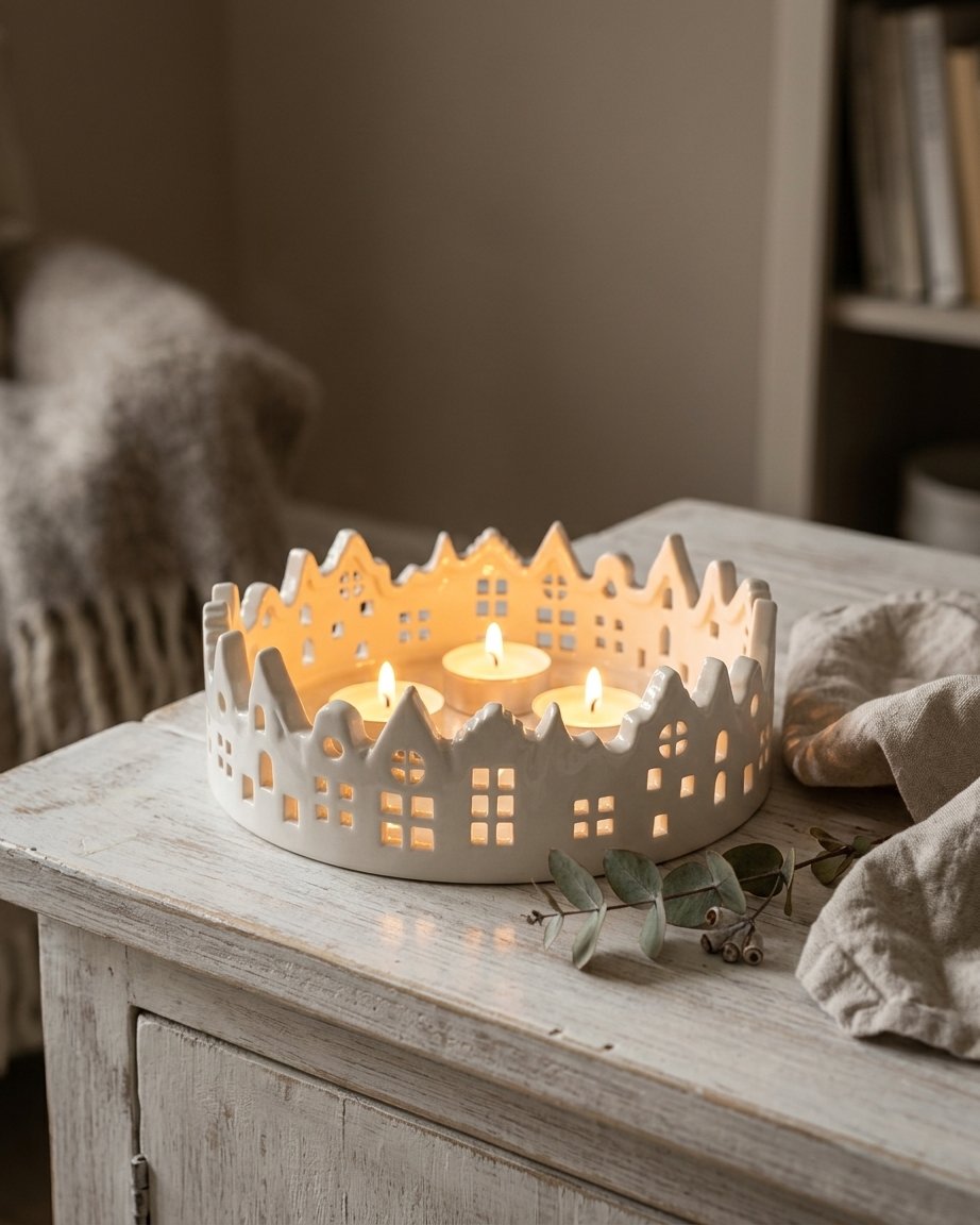 White Ceramic Candle Tray with Village Silhouette Design