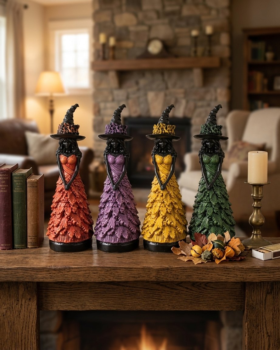 Witch figurine with leaf dress and pointed hat, gothic autumn decoration in four colours
