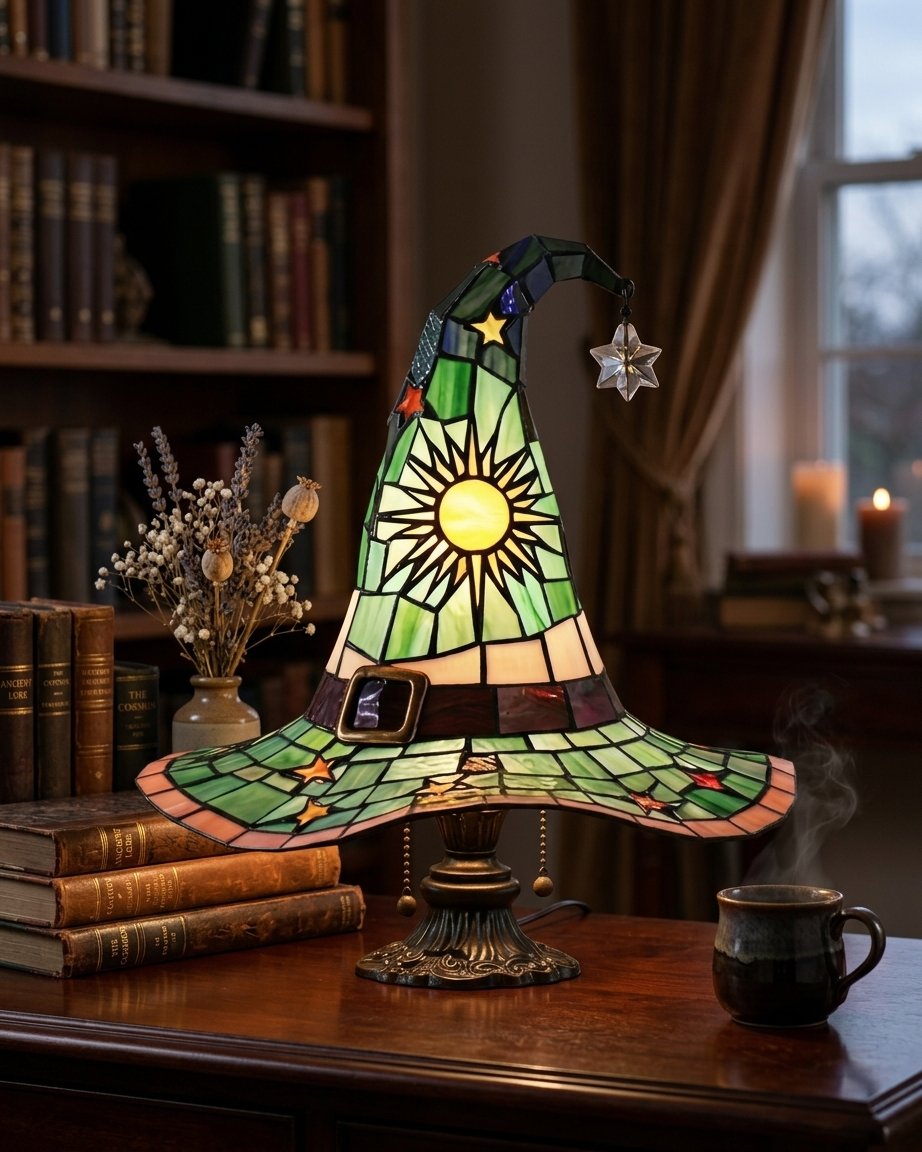 Witch Hat Tiffany-Style Stained Glass Accent Lamp with Star and Sun Motifs