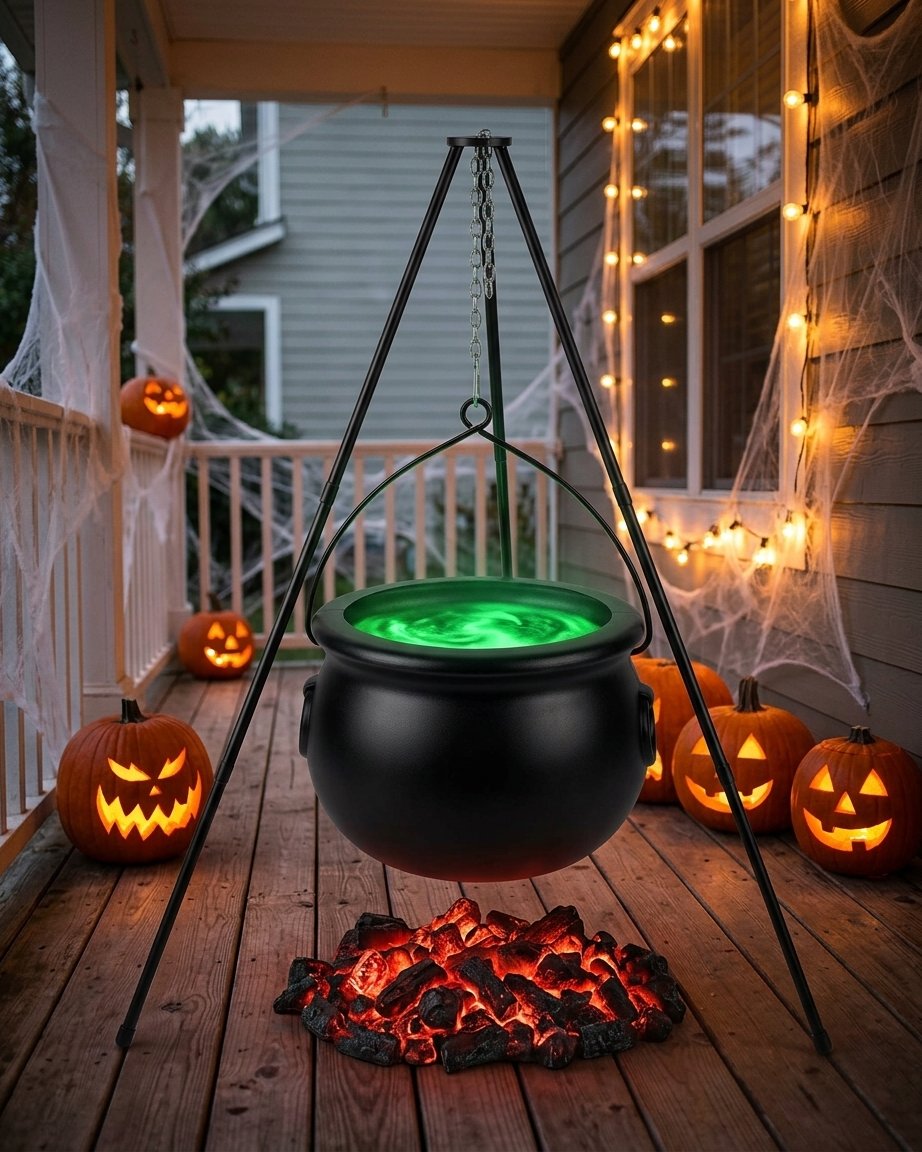 Witch's Cauldron Tripod with Green LED Glow – Halloween Outdoor Decoration