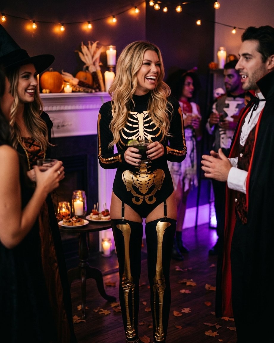 Women's Skeleton Print Halloween Bodysuit with Thigh-High Leggings and Garter Straps