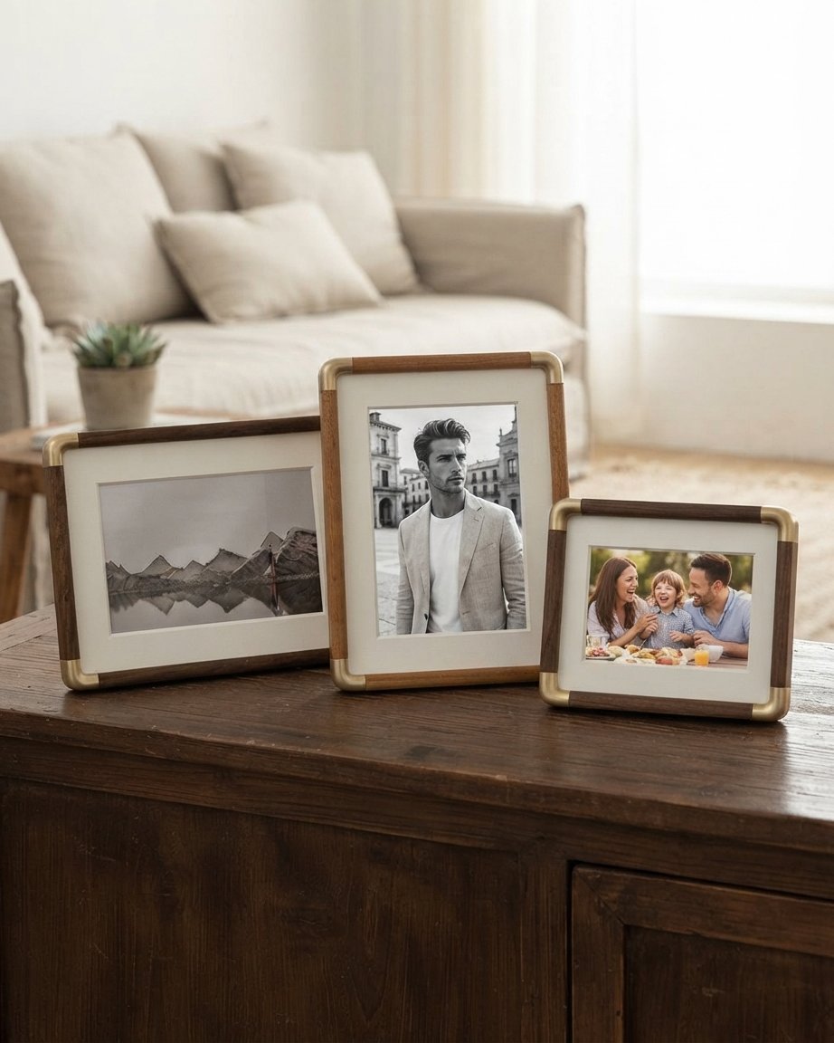 Wood & Brass Tabletop Photo Frame, Vintage Style