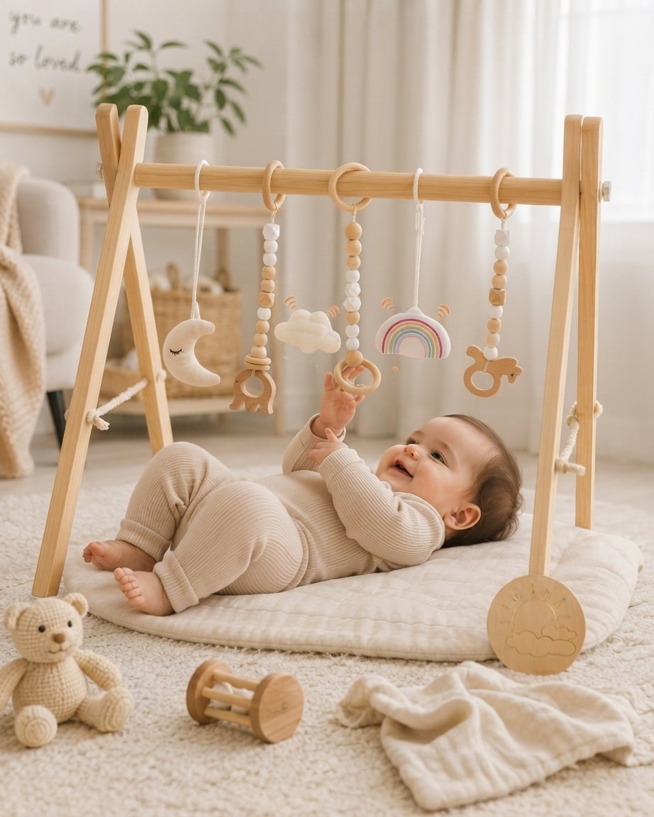 Wooden Baby Play Gym with 6 Hanging Sensory Toys