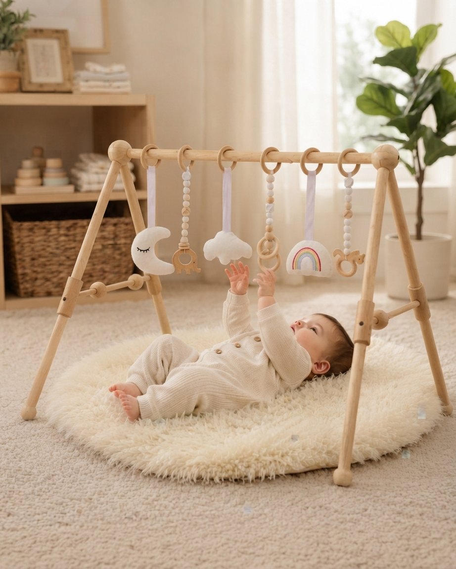 Wooden Baby Play Gym with Sensory Hanging Toys
