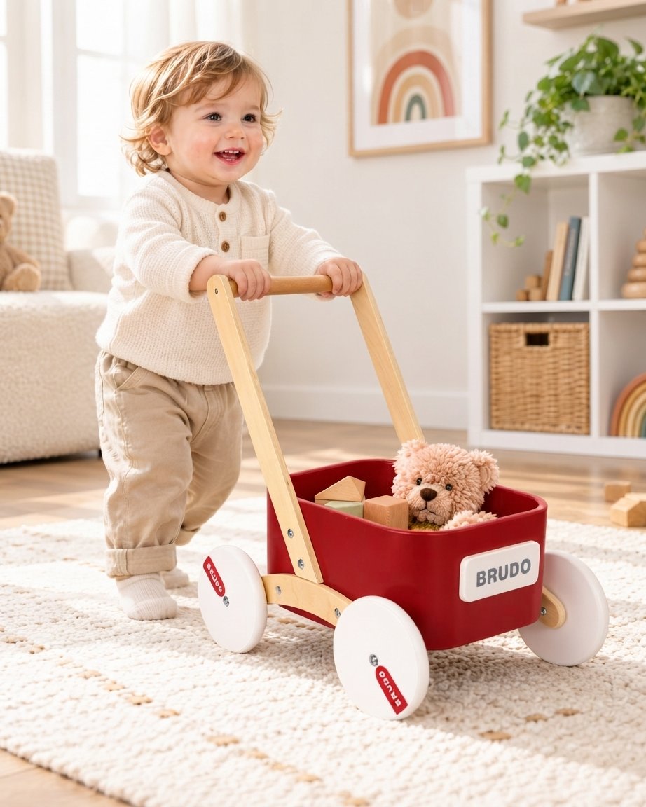 Wooden Baby Push Walker Wagon with Toy Tray – Red