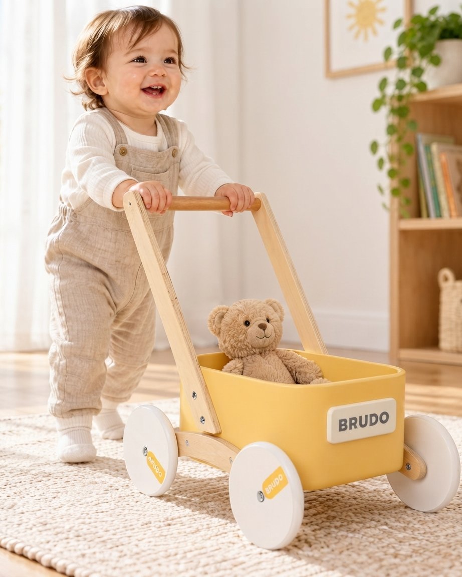 Wooden Baby Push Walker Wagon with Toy Tray – Yellow