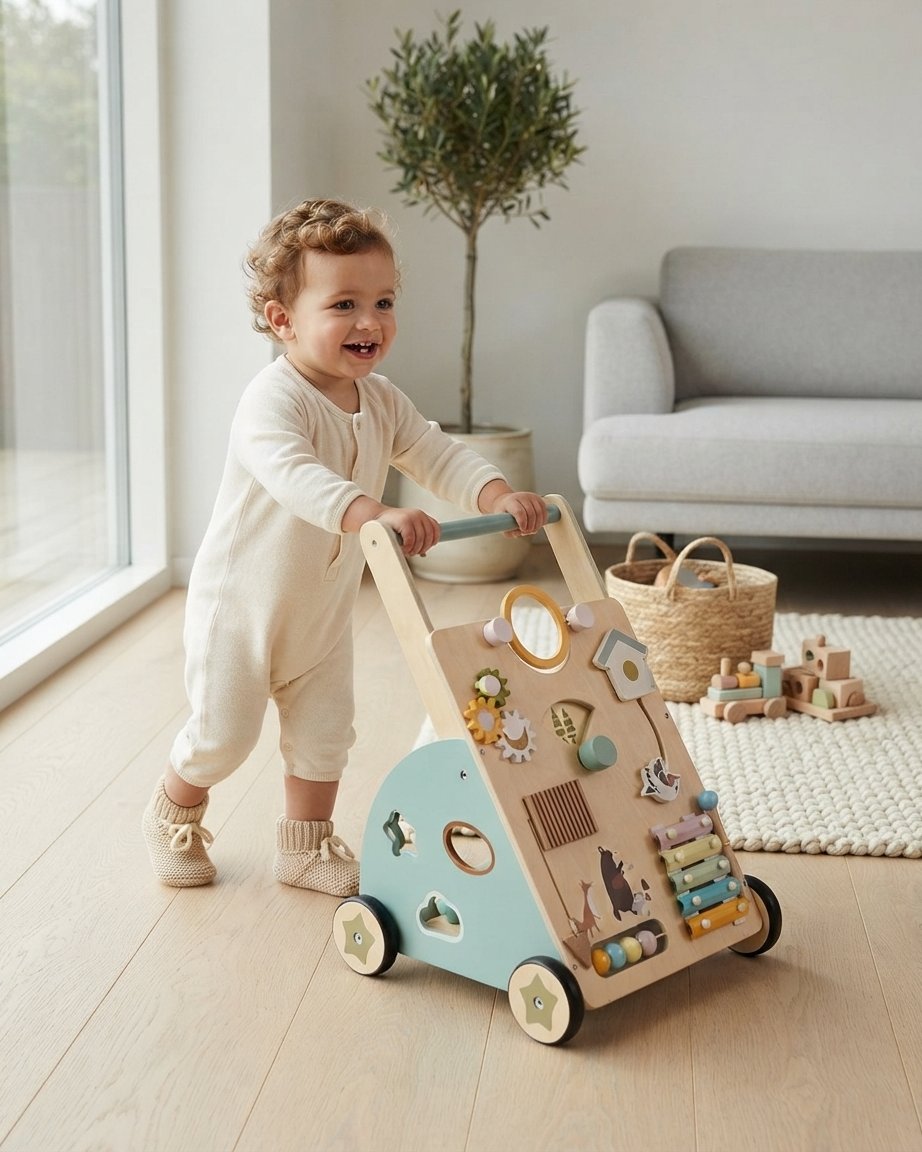 Wooden Baby Push Walker with Activity Board & Shape Sorter