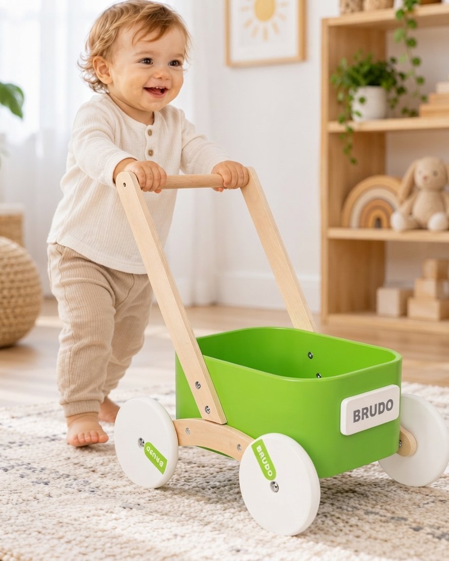 Wooden Baby Push Walker with Toy Tray – Green