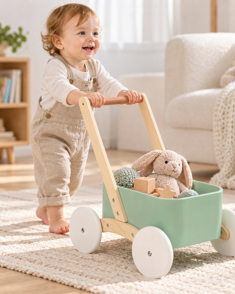Wooden Baby Push Walker with Toy Tray – Sage Green