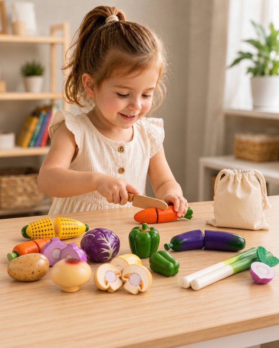 Wooden Cutting Vegetable Play Food Set with Basket