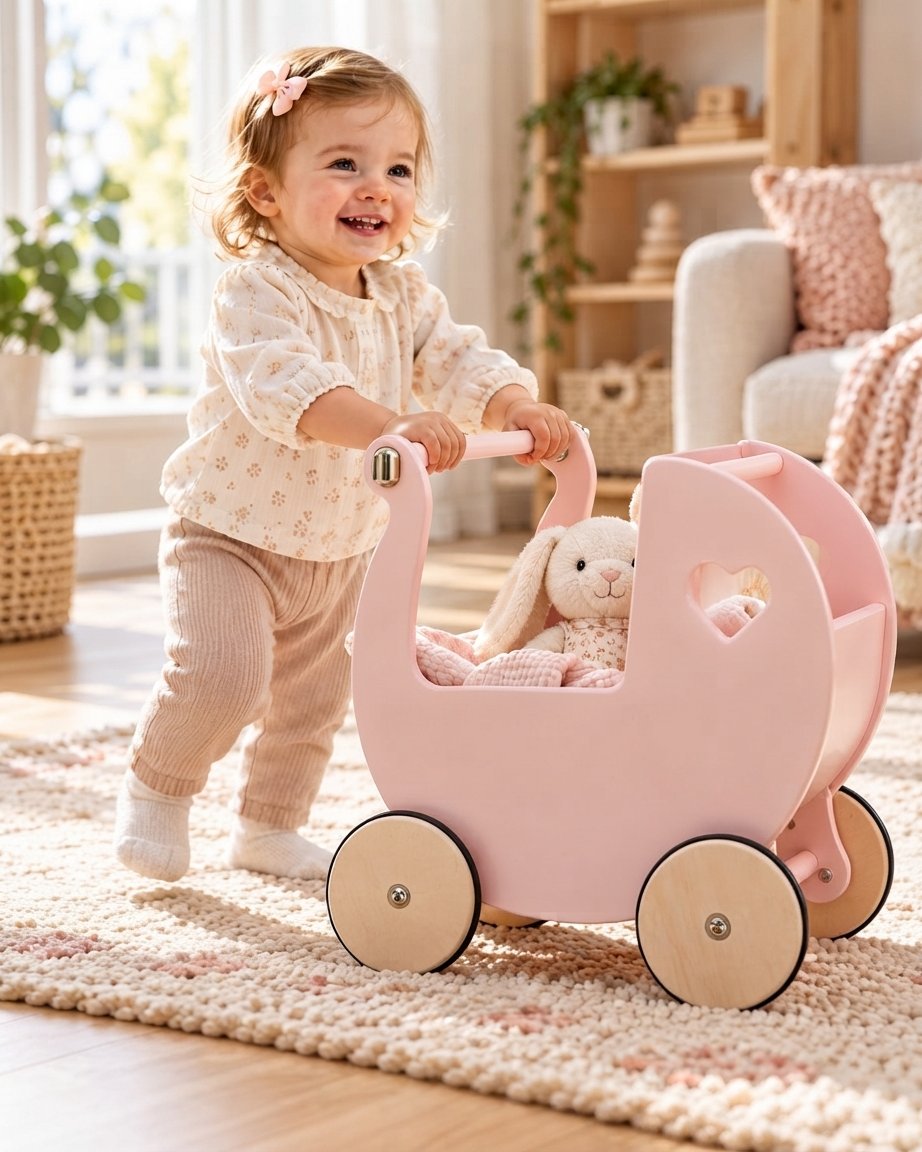 Wooden Doll Pram Walker in Rose – 2-in-1 Birch