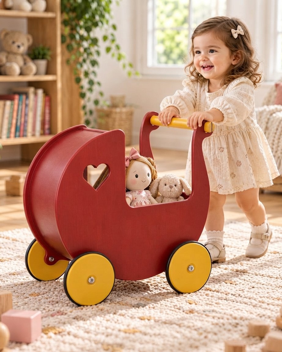 Wooden Doll Pram Walker in Rust Red – 2-in-1