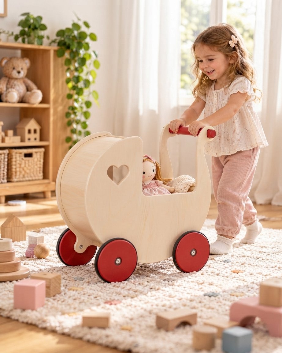 Wooden Doll Pram Walker, Natural Birch with Red Wheels
