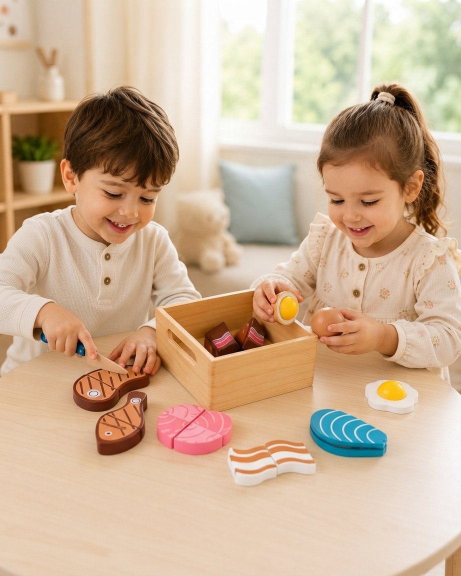 Wooden Meat & Fish Play Food Set with Cuttable Pieces