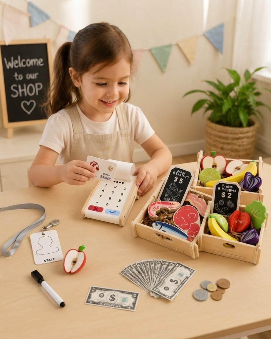 Wooden Play Food Market Set with Card Reader & Play Money