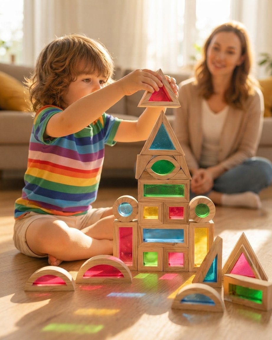 Wooden Rainbow Building Blocks with Coloured Panels