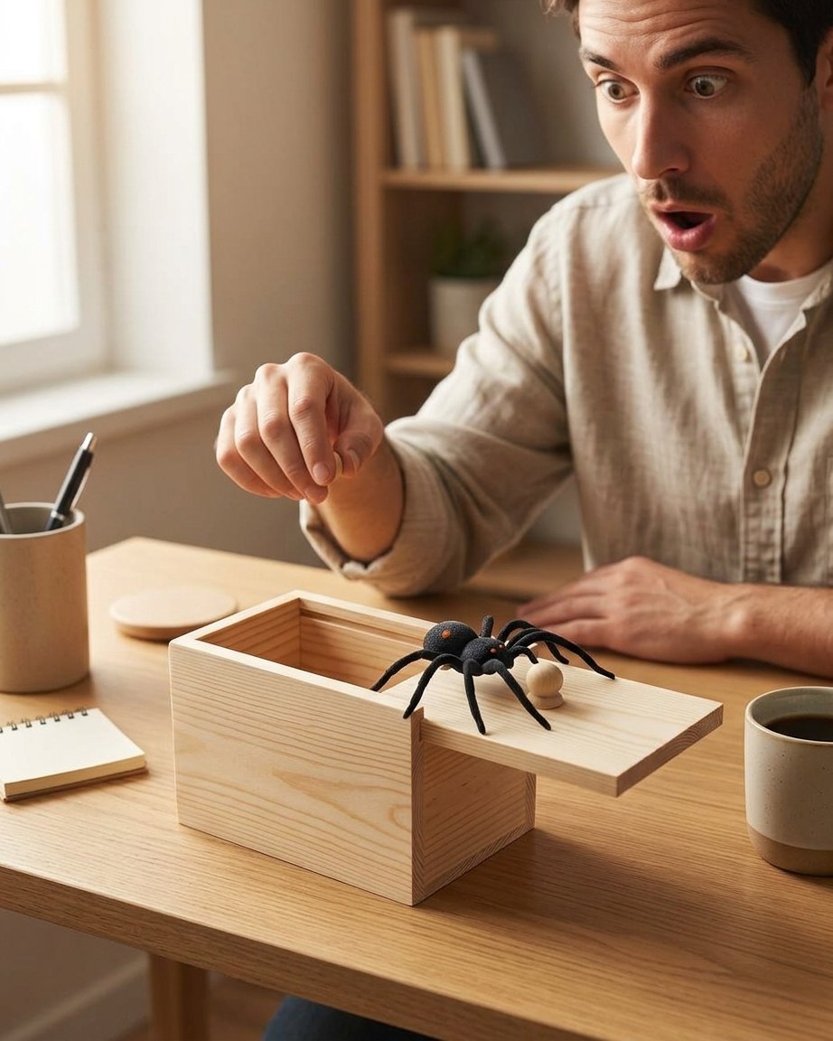 Wooden Spider Jump-Scare Prank Box with Spring Mechanism
