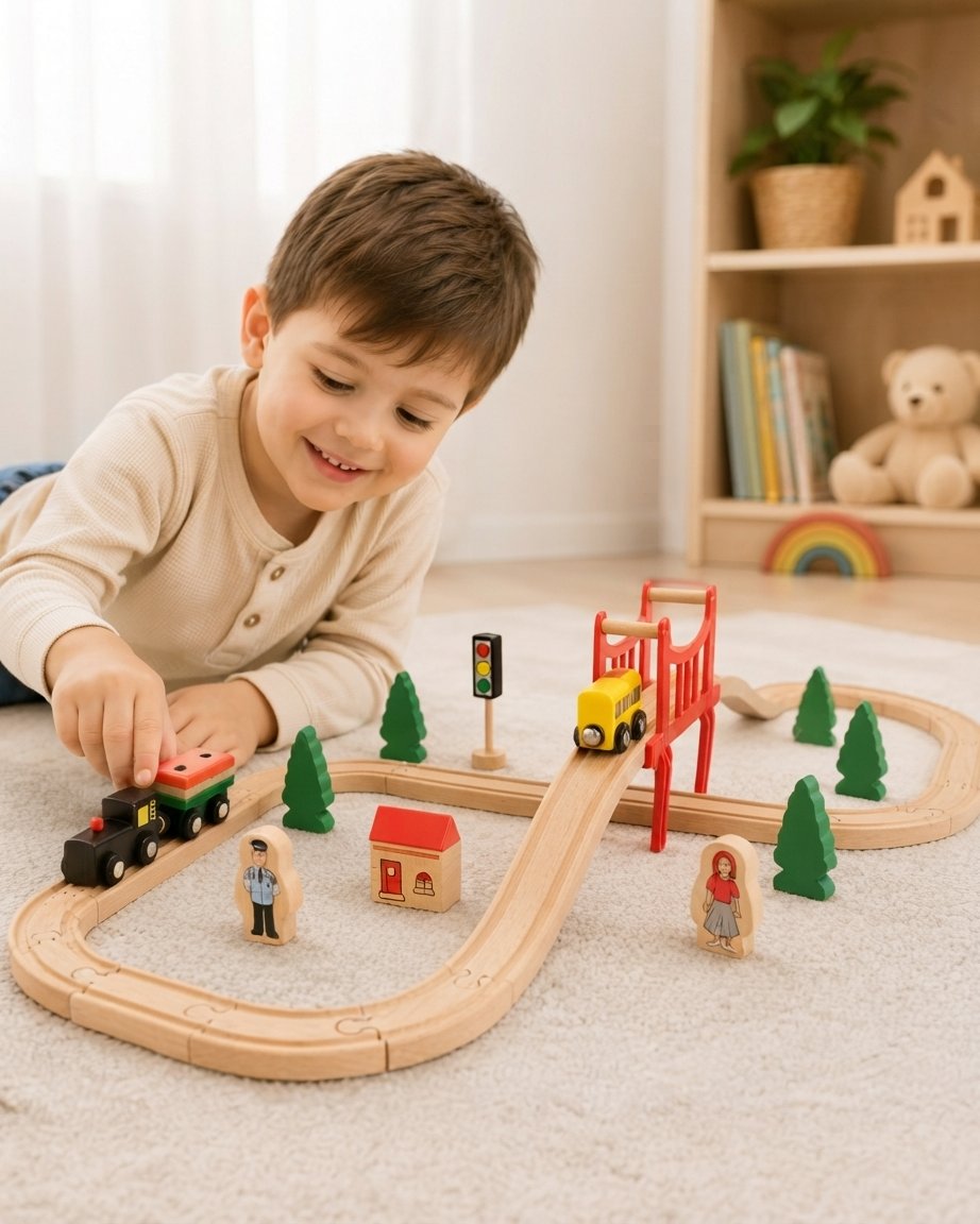 Wooden Train Track Set with Bridge, 39 Pieces
