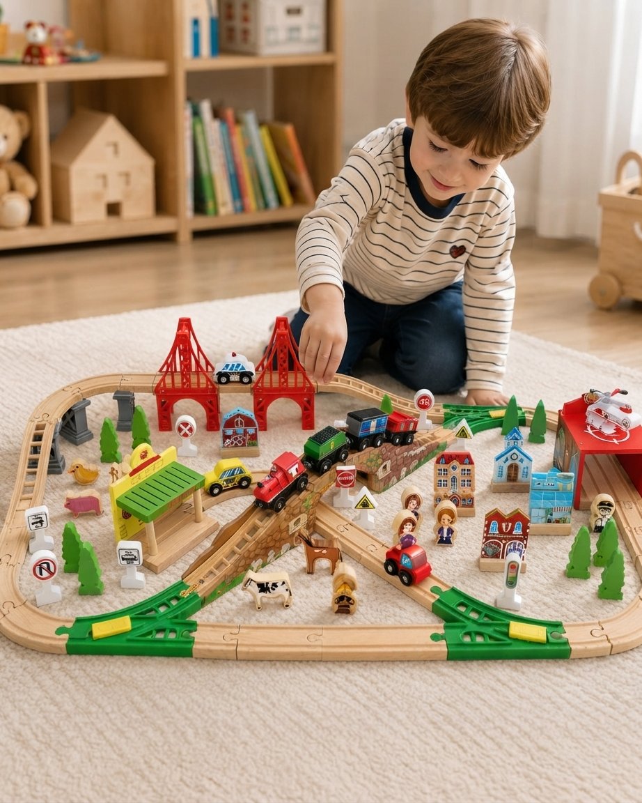 Wooden Train Track Set with Bridges, Vehicles & Buildings