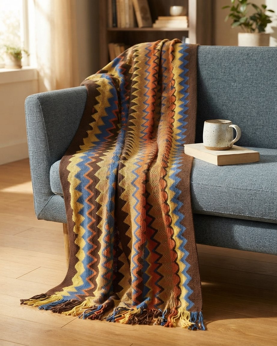 Zigzag Knitted Throw Blanket with Tassels, Boho Style