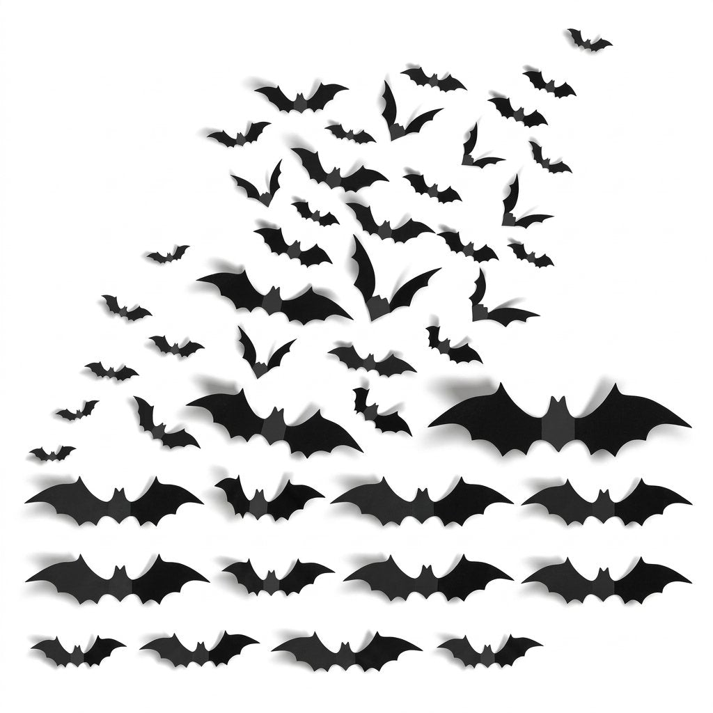 3D Foldable Bat Wall Stickers for Halloween Decoration – Peel and Stick, Reusable, Indoor Use — A72 pcs (Black Bat)