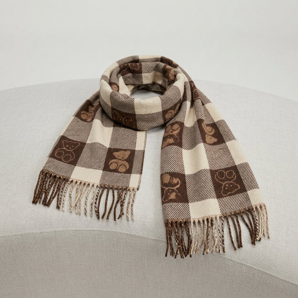 Checked Winter Scarf with Motif Print and Tassels — Brown Cream Bear