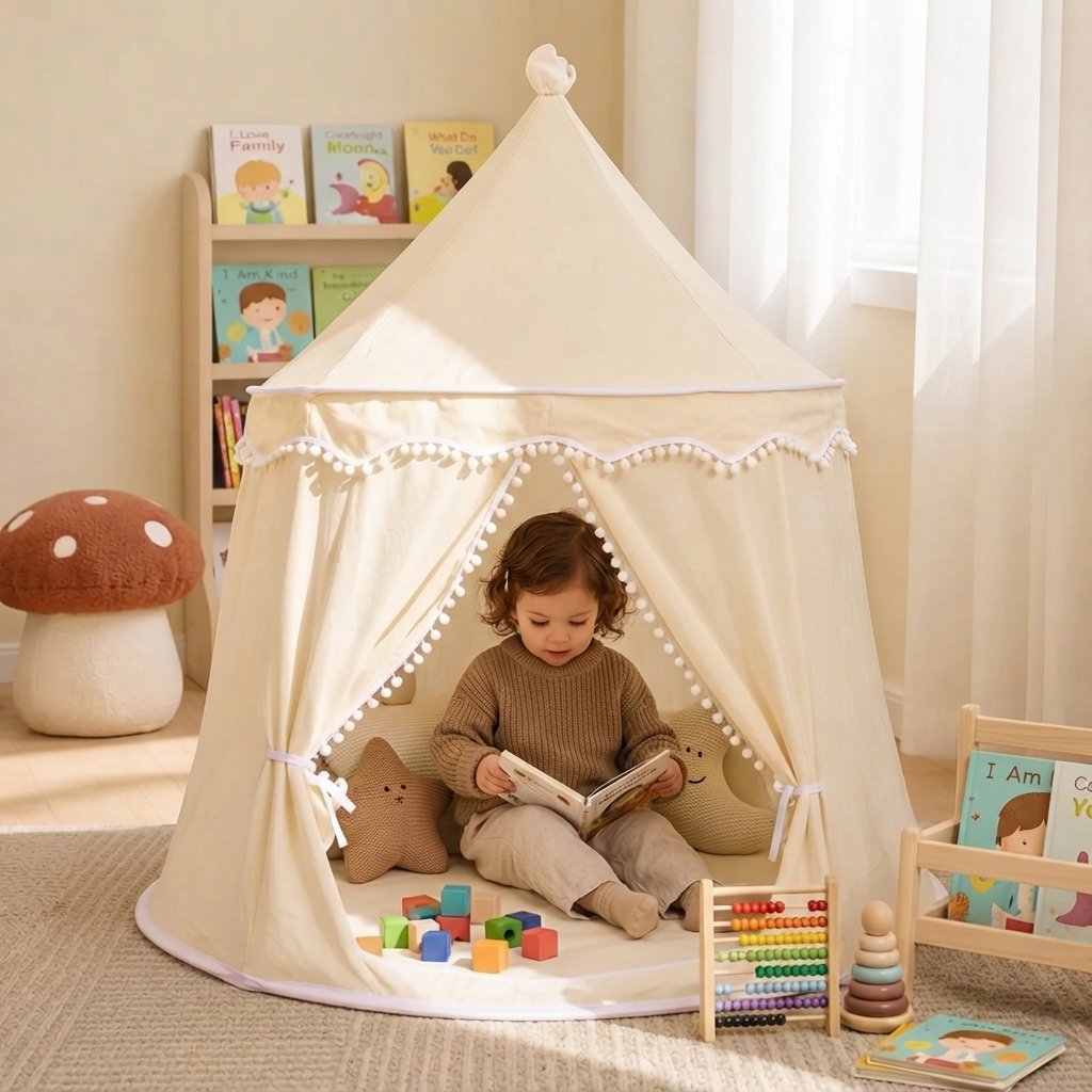 Children's Indoor Play Tent with Pom-Pom Detail — Beige Cotton