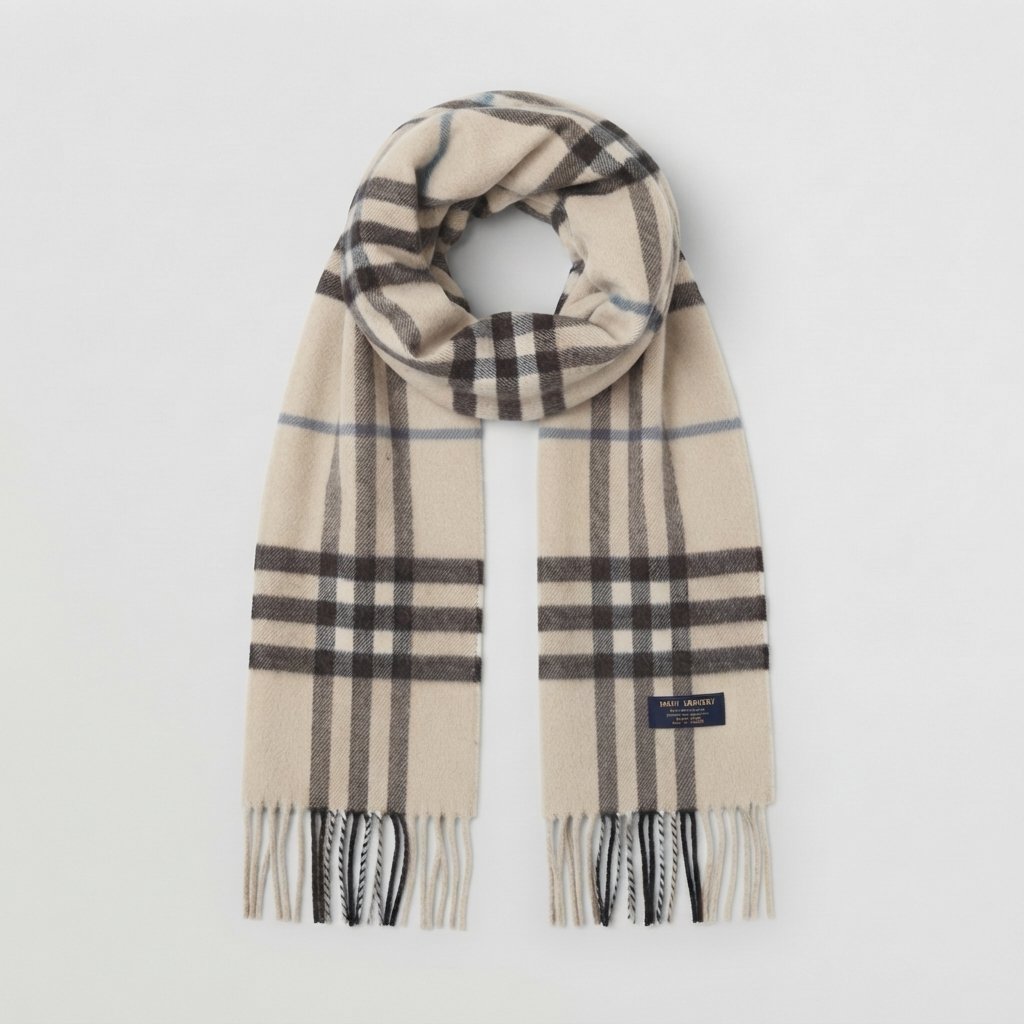 Classic Check Scarf with Fringe, Wool-Feel Wrap — Cream