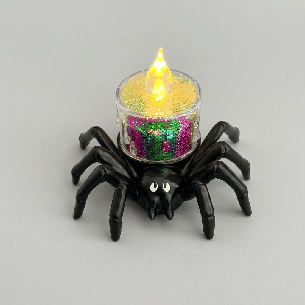 Halloween Spider Tea Light with Flickering LED Flameless Candle – Battery-Operated Decoration — Spider Back Transparent Candle Colourful